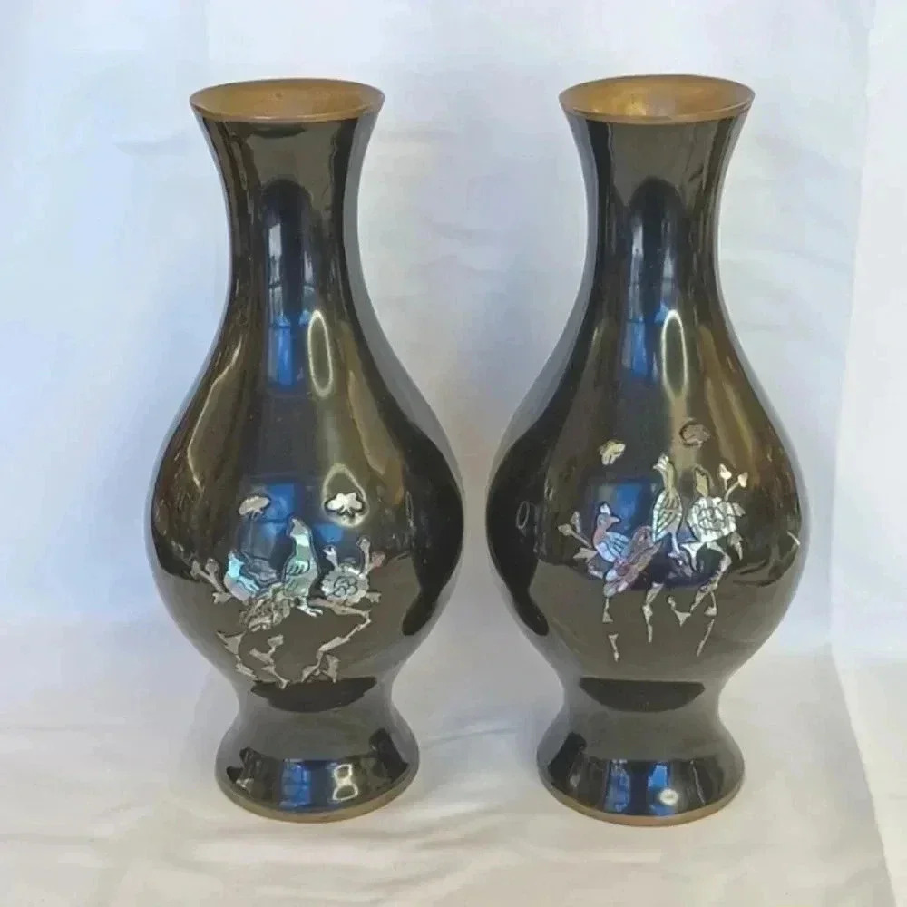 Pair Korean black enamel hand cut abalone vases